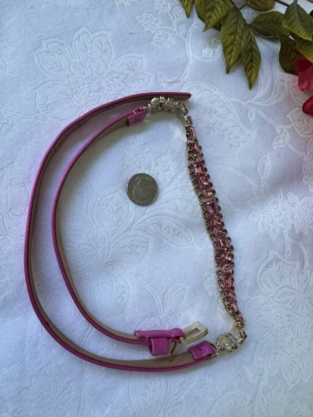 MAX MARA ITALY Thin Pink Crystal Satin Leather Belt M Medium 29-31